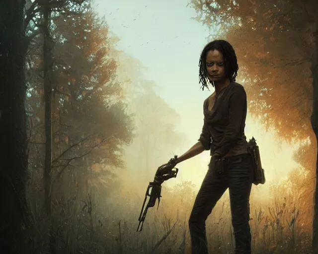 Image similar to highly detailed portrait of thandie newton in the walking dead, stephen bliss, unreal engine, fantasy art by greg rutkowski, loish, rhads, ferdinand knab, makoto shinkai and lois van baarle, ilya kuvshinov, rossdraws, tom bagshaw, global illumination, radiant light, detailed and intricate environment