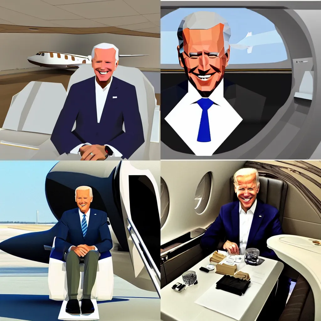 Prompt: low poly joe biden sitting in his private jet