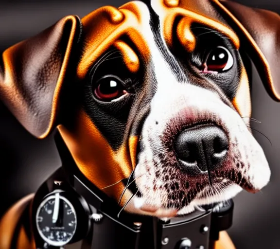 Image similar to a zeiss 8 5 mm f 1. 4 close up photo of a cute steampunk puppy shot by richard avedon