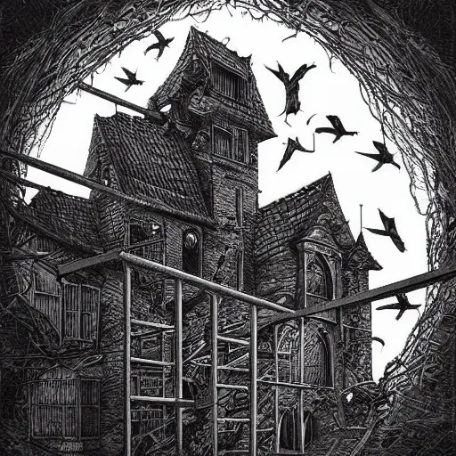 Image similar to crows at a architectural complex with an occult witch by Android Jones and M. C. Escher collaboration, futurist, digital art, dramatic lighting, symbolic