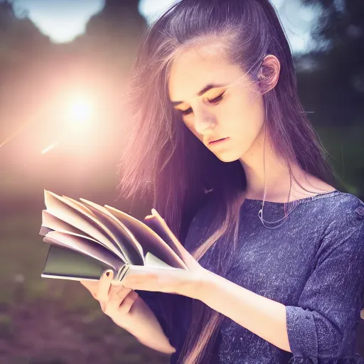 Image similar to a girl reading a book, her hair flowing down, modelsociety, radiant skin, huge anime eyes, rtx on, perfect face, intricate, sony a 7 r iv, symmetric balance, polarizing filter, photolab, lightroom, 4 k, dolby vision, photography award