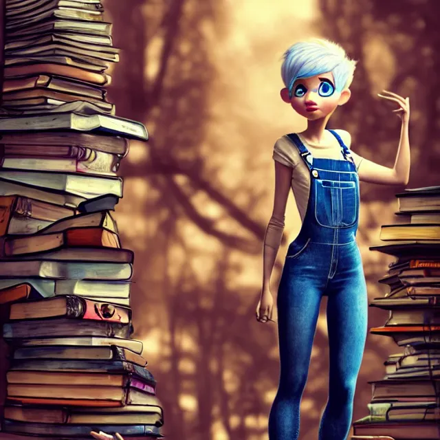 Image similar to full body pose, beautiful adult fairy, pixar, short white hair shaved sides, dirty, grungy, grunge, long sleeve, painted overalls, stacks of giant books, highly detailed, 4 k, hdr, smooth, sharp focus, high resolution, award - winning photo, artgerm, photorealistic