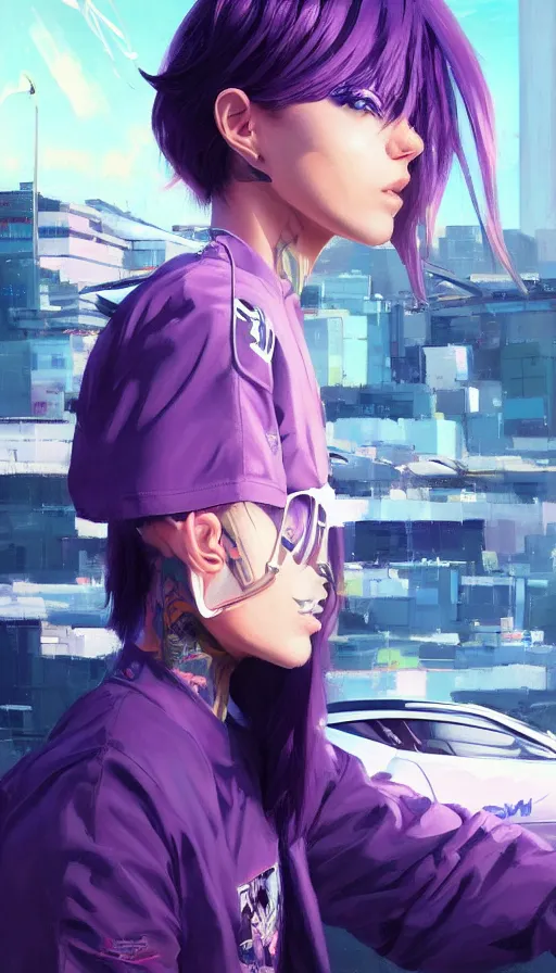 Image similar to A ultradetailed beautiful portrait panting of a graffiti writer from the future with purple hair and streetwear style on a futuristic car, bright sunny day, Oil painting, by Ilya Kuvshinov, Greg Rutkowski and Makoto Shinkai