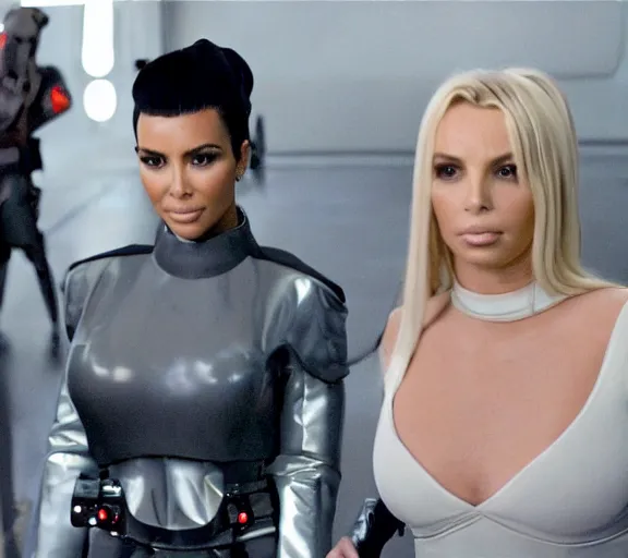 Prompt: a movie still of kim kardashian and britney spears as a prisoner in the movie star wars