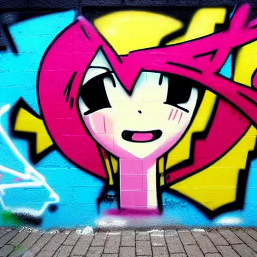 Image similar to graffiti on a wall, happy anime character ,