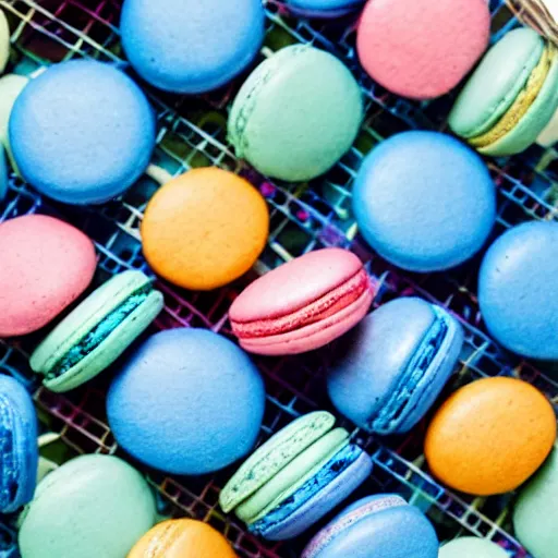 Image similar to A blue jay standing on a large basket of rainbow macarons.