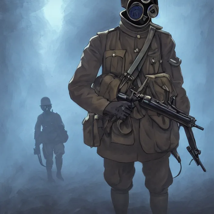 Prompt: portrait of a ww 1 german soldier with gas mask and rifle running towards us, scary, ominous mood, epic cold blue lighting, rim light, in the style of artgerm and charlie bowater and atey ghailan and mike mignola, vibrant colors and hard shadows and strong rim light, comic cover art, plain background, trending on artstation