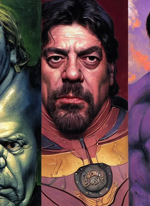 Image similar to upper body and head portrait of javier bardem as thanos, by lawrence alma tadema and zdzislaw beksinski and norman rockwell and jack kirby and tom lovell and greg staples