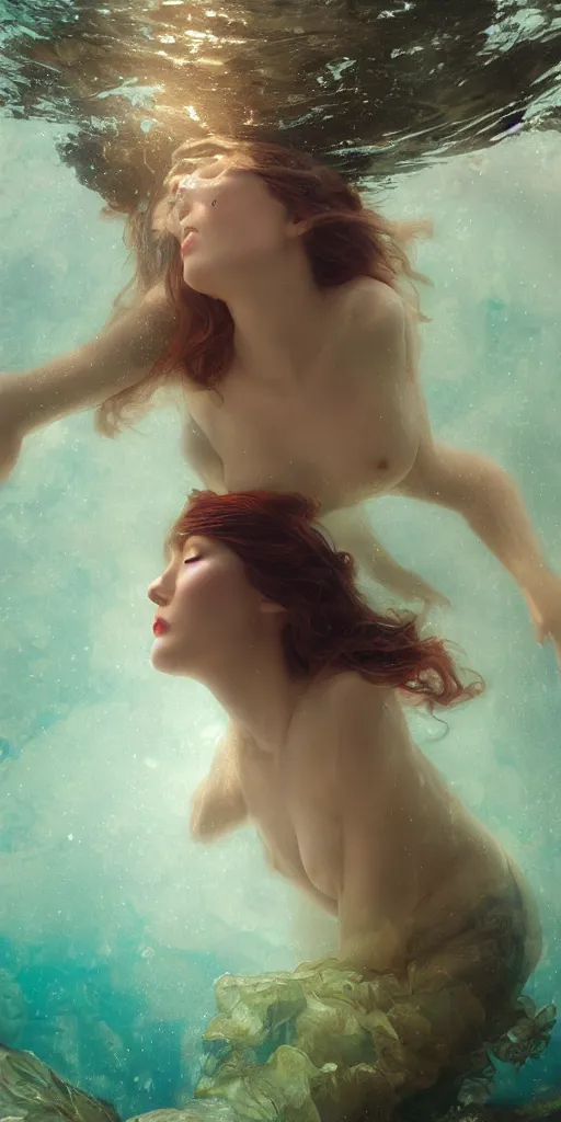 Image similar to hyper realist matte digital painting of a beautiful woman, beautiful face, underwater photography, full body, jugendstill, floating in water, flowing gown, bubbles rising, seaweed, headspace, fairytale, fantasy art, photo realistic, dynamic lighting, artstation, volumetric lighting, by mucha, by charlie bowater, by karol bak, by alma tadema