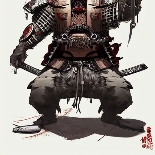 Image similar to graphic, hyperreal illustration of anthropomorphic sloth in traditional samurai armor : : digital art, concept art, character development : : illustrated by artgerm, yoji shinkawa, scott buoncristiano, nychos