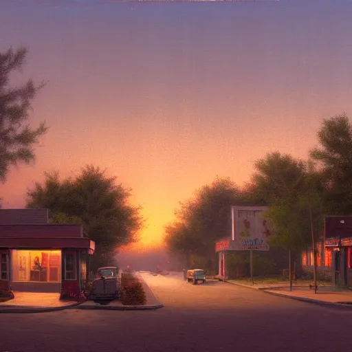 Prompt: a detailed cinematic render of a utopian 1 9 5 0 s american neighborhood at sunset by steven outram, photoreal