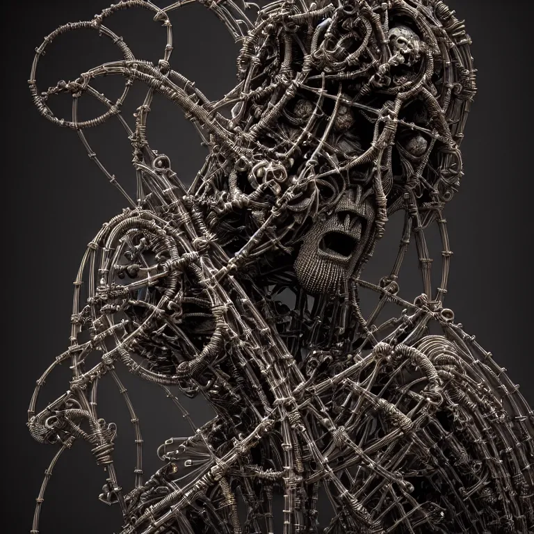 Prompt: dark biomechanical religious sculpture statue of Jesus on cross made of wires cables tubes, suffering, baroque painting, beautiful detailed intricate insanely detailed octane render, organic 8K artistic photography, photorealistic, chiaroscuro, Raphael, Caravaggio, Giger, Beksinski, black background, volumetric light