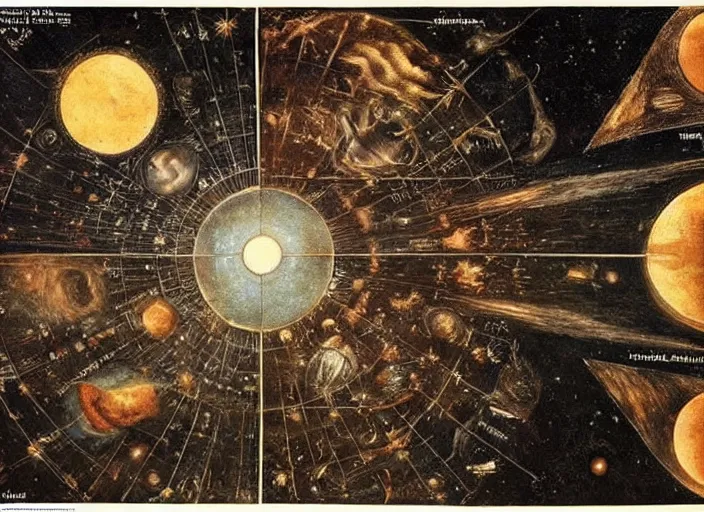 Prompt: the epic entire interstellar universe depicted by Leonardo da Vinci