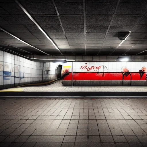 Prompt: a subway station with a graffiti painted subway train, dramatic light, award winning, concept art, art station, in the style of inio asano