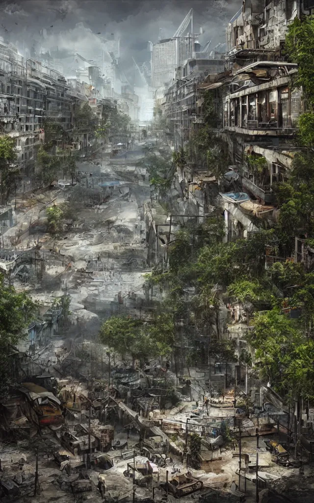 Prompt: quai des chartrons in bordeaux turned into a post apocalyptic jungle, matte painting, ultra detailed, artstation