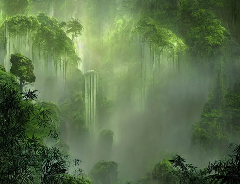 Image similar to a cinematic widescreen photo of ancient japanese temples in a misty bamboo cloud forest with waterfalls at dawn by studio ghibli by roger dean, photorealistic, 7 0 mm