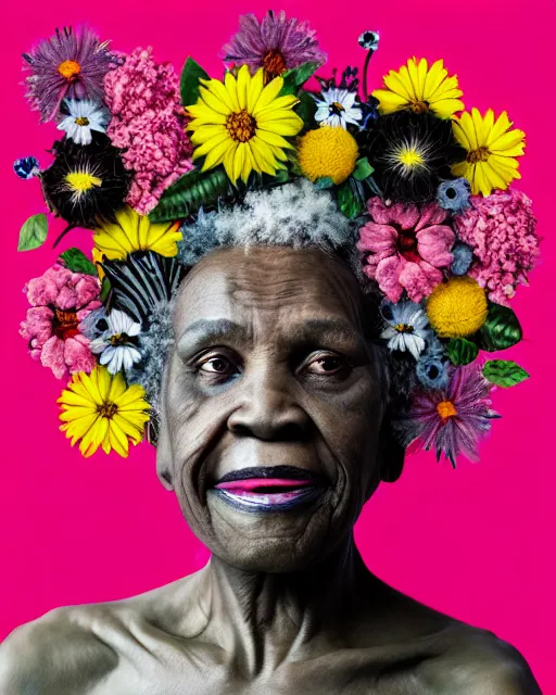 Image similar to portrait of a beautiful fleshy old black woman who is surprised she is still alive, covered in flowers in the style of guiseppe arcimboldo and james jean, covered in wispy gray hair with a hint of neon, hd 3 d,