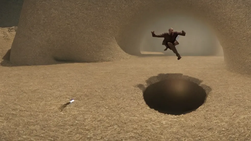 Image similar to A man falling into a 5 hour vortex, film still from the movie directed by Denis Villeneuve with art direction by Salvador Dalí, wide lens
