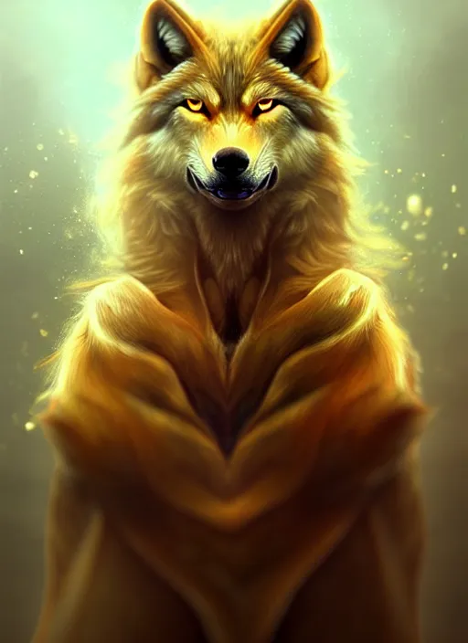 Prompt: bipedal golden wolf, sharp fangs, fiery eyes, highly detailed, deep focus, elegant, digital painting, smooth, sharp focus, illustration, ultra realistic, 8 k, art by wlop