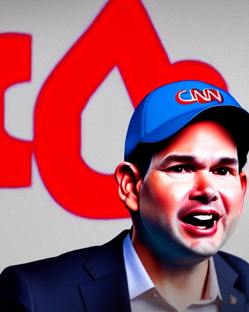 Image similar to a biomorphic portrait of marco rubio wearing a cnn hat, 4 k, octane high quality render