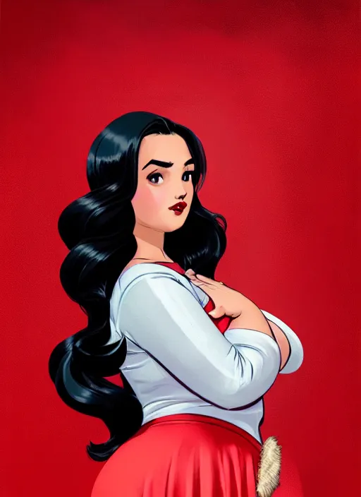 Image similar to full body portrait of teenage veronica lodge, obese, bangs, sultry, realistic, sultry smirk, wavy hair, red skirt, fat, belly, intricate, elegant, glowing lights, highly detailed, digital painting, artstation, concept art, smooth, sharp focus, illustration, art by wlop, mars ravelo and greg rutkowski