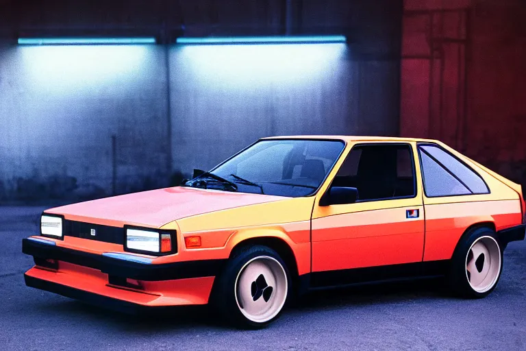 Image similar to designed by giorgetto giugiaro 1 9 7 8 corolla ae 8 6, thick neon lights, ektachrome photograph, volumetric lighting, f 8 aperture, cinematic eastman 5 3 8 4 film