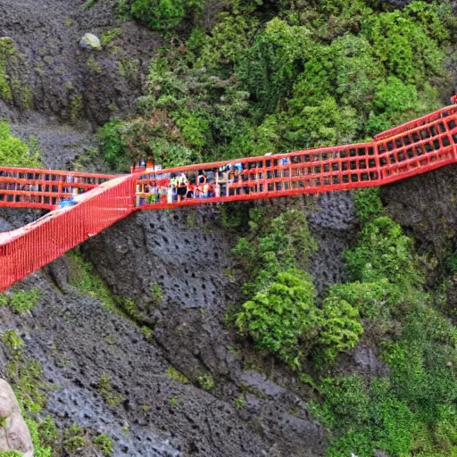 Prompt: a stay bridge made of lego bricks on a volcano