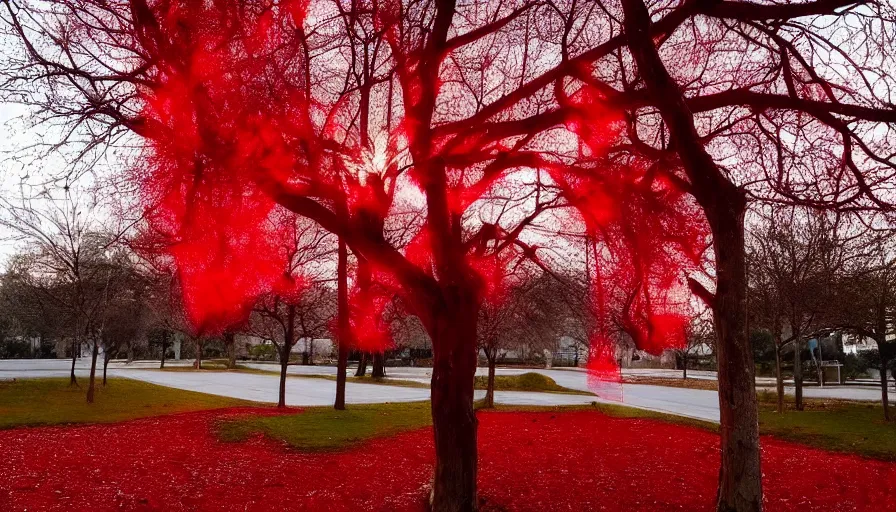 Prompt: beautiful photograph of a bare tree with red cloth ribbons hanging from it's branches, magical lighting, pexels, unsplash, artstation, hyperrealism, photorealism, sunlight, volumetric light, anamorphic lens, hd