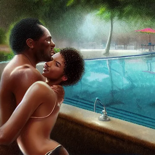 Prompt: african american man kissing and hugging a white blonde woman in the rain at a pool. digital painting, extremely detailed, 4 k, intricate, brush strokes, mark arian, artgerm, bastien lecouffe - deharme