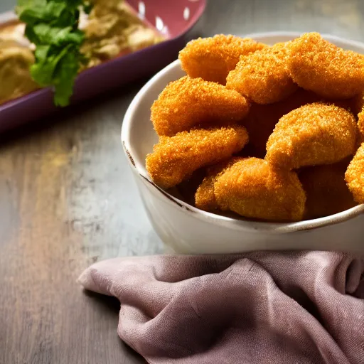 Prompt: rotten human hand picking up a moldy chicken nugget in a bowl of regular chicken nuggets, hd, 4k image