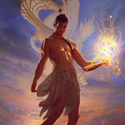 Image similar to attractive male deity casts light spell, summons attractive male lucifer morningstar. highly detailed painting by gaston bussiere, craig mullins, j. c. leyendecker 8 k