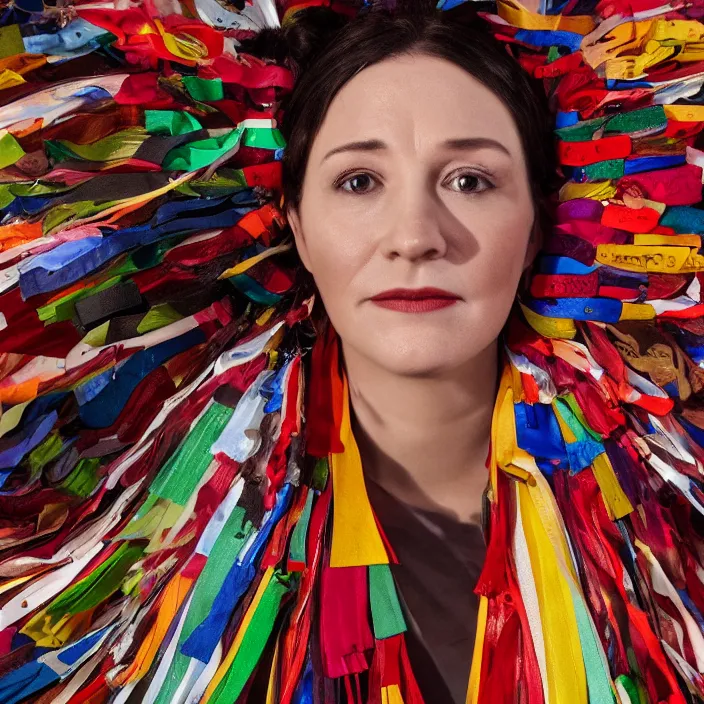 Prompt: a closeup portrait of a woman wearing a cloak made of ribbons, standing next to an empty swing playground, stop motion animation, claymation, anomalisa, 8 k, medium - format print