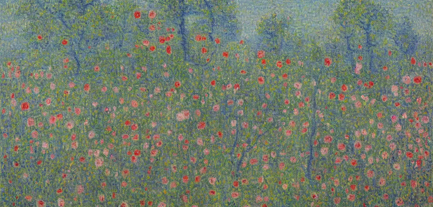 Image similar to epic highly detailed landscape painting of Huge flowers growing on tree trunks and holes in buildings, Gustave Loiseau