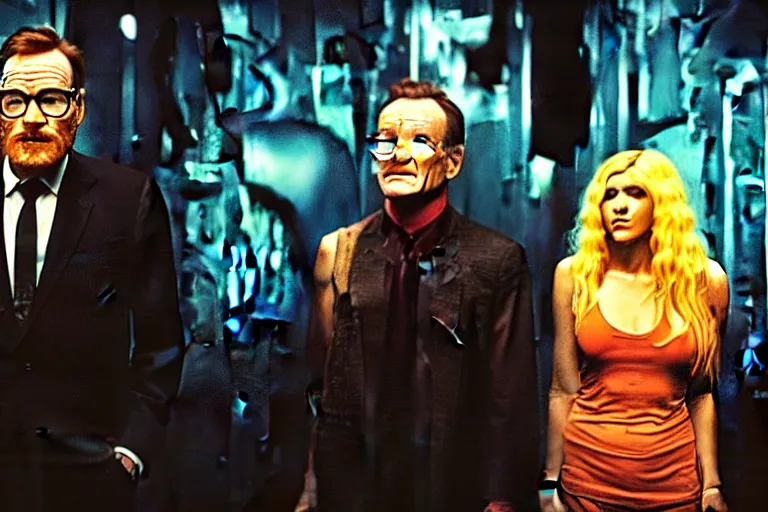 Image similar to film still of bryan cranston and kesha and a cyborg woman in cosmic horror! the musical by david cronenberg, budapest street background, 3 5 mm film, atmospheric, ultra fine detail, film grain, photorealistic, hyperrealistic dramatic lighting