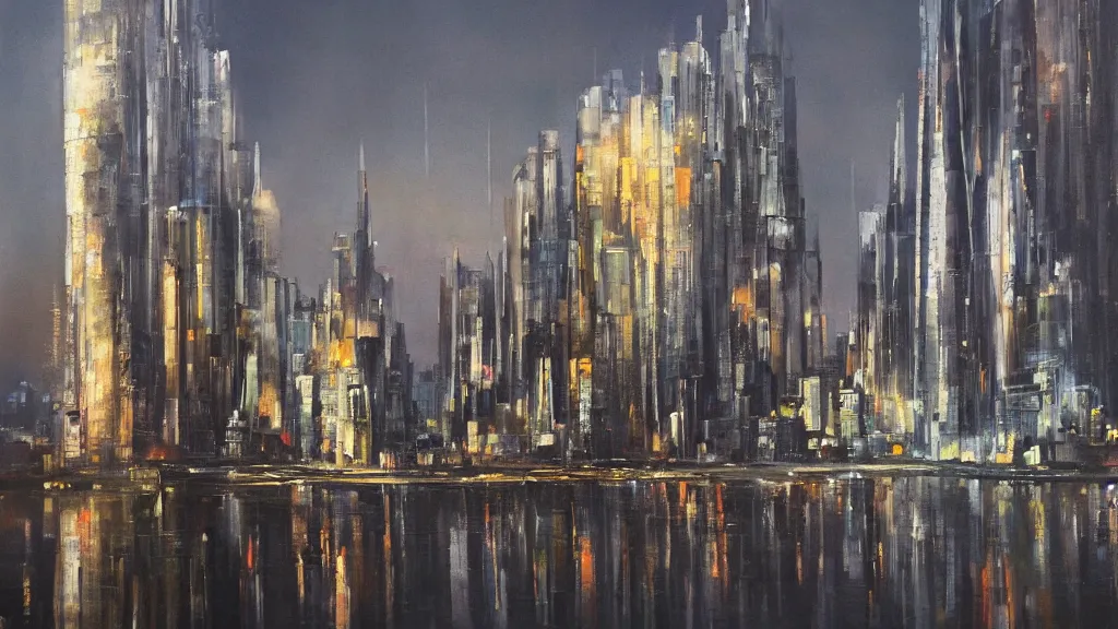 Prompt: Beautiful City, futuristic brutalism solarpunk, oil painting