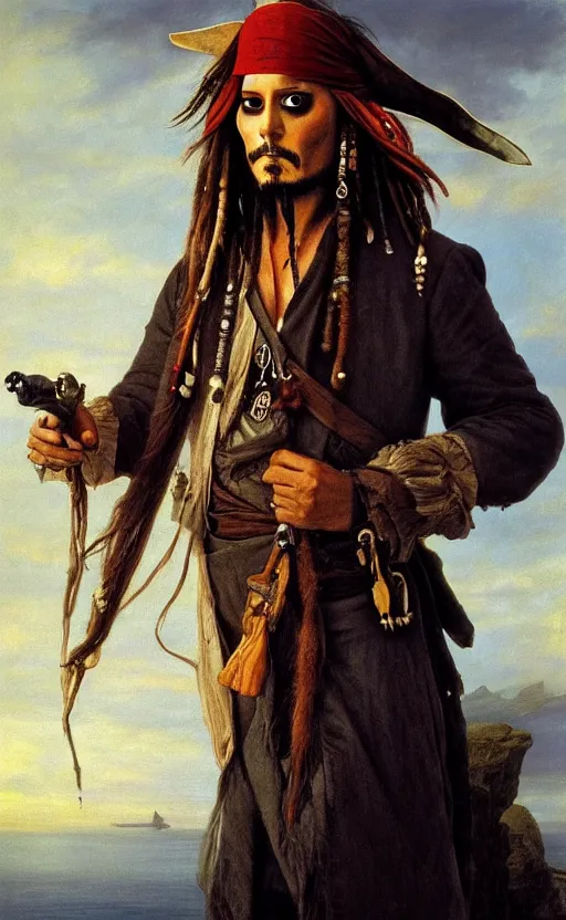 Prompt: a beautiful painting of jack sparrow by caspar david friedrich, featured on artstation