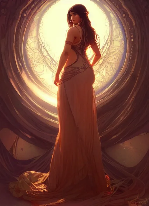 Image similar to cute brown woman wearing a transparent night gown, fantasy, intricate, highly detailed, digital painting, artstation, concept art, wallpaper, smooth, sharp focus, illustration, art by artgerm and greg rutkowski and alphonse mucha