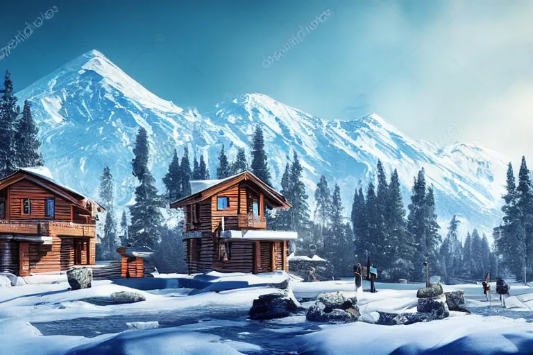 Image similar to futuristic cottage settlement with in the forest with Elbrus mountain covered by snow on the background, architecture, matte painting, high details