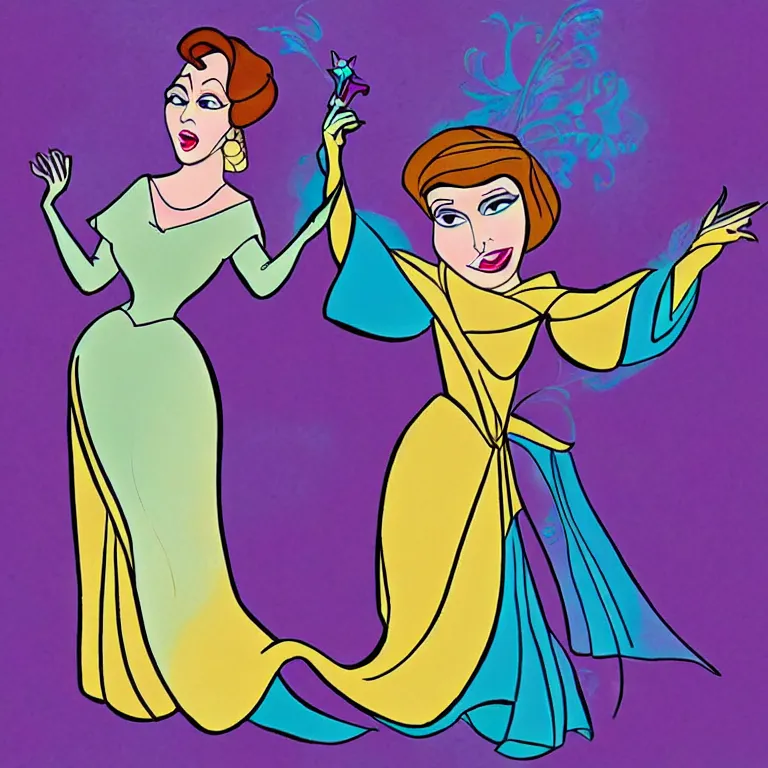 Image similar to Norma Desmond as a Disney Princess, in the style of a colorful Disney cartoon