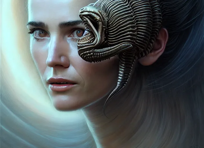 Image similar to portrait shot of young jennifer connelly in alien, intricate, elegant, highly detailed, centered, digital painting, artstation, concept art, smooth, sharp focus, illustration, artgerm, tomasz alen kopera, peter mohrbacher, donato giancola, joseph christian leyendecker, wlop, boris vallejo biomechanical xenomorph