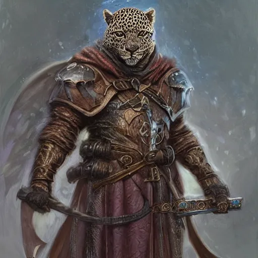 Prompt: Leopard headed hooded knight as a fantasy D&D character, portrait art by Donato Giancola and James Gurney, digital art, trending on artstation