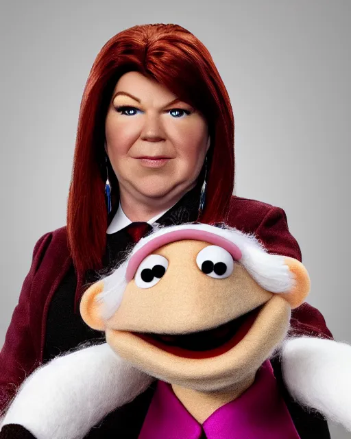 Image similar to meredith palmer as a muppet. highly detailed felt. hyper real photo. 4 k.