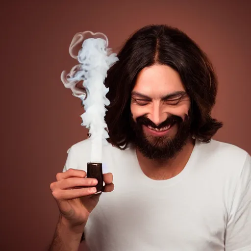 Image similar to Jesus smoking weed and laughing, profile picture, studio photography