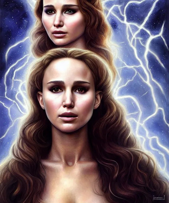 Image similar to half nathalie portman half Jennifer lawrence a fantasy magic woman portrait by Sandro Botticelli, oil painting masterpiece, sci-fi, loving amber eyes, face, long hair, fantasy, intricate, elegant, highly detailed, digital painting, soft diffuse lightning, concept art, smooth, sharp focus, illustration, art by artgerm and greg rutkowski and alphonse mucha