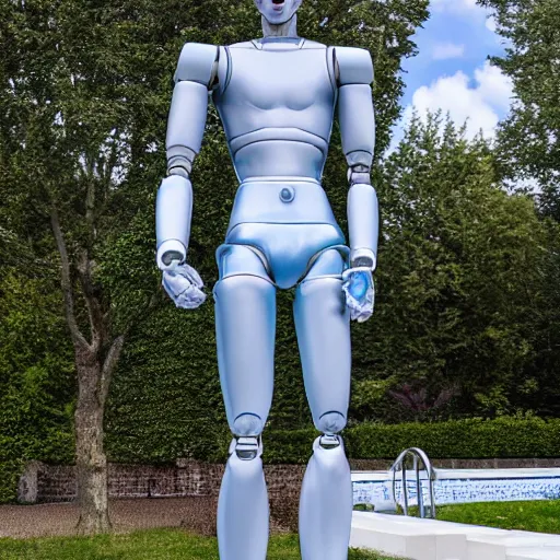 Prompt: made of ice, a realistic detailed photo of a guy who is an attractive humanoid who is half robot and half humanoid, who is a male android, on display, blank stare, showing off his muscles, shiny skin, posing like a statue, by the pool, frozen ice statue, f 1 driver pierre gasly, humanoid robot