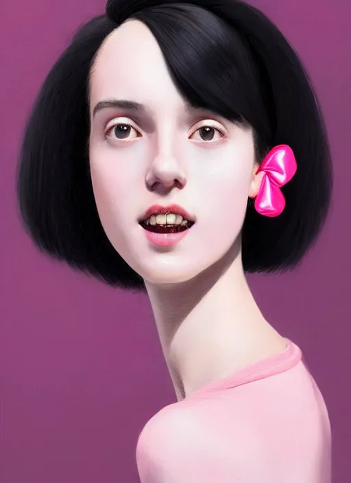 Image similar to portrait of high school girl, realistic, black hair, bangs, half updo hairstyle, pointy nose, skinny, smile, ugly, defined jawline, big chin, pink hair bow, earrings, intricate, elegant, glowing lights, highly detailed, digital painting, artstation, sharp focus, illustration, art by wlop, mars ravelo and greg rutkowski