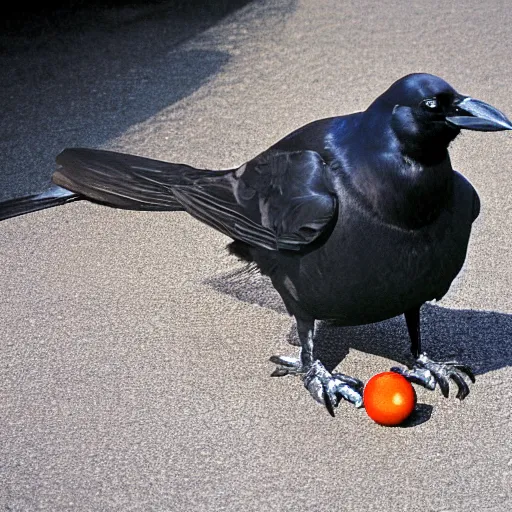 Prompt: close up of a obese crow with a round body short legs and large black beak, high resolution film still, film by Jon Favreau