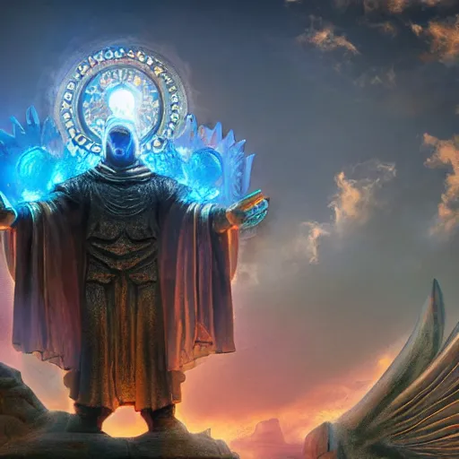 Prompt: A large statue of a wizard guarding the entrance to a multiverse portal, landscape art, concept art, fantasy, inspiring, colossus of rhodes, bright lighting, colorful