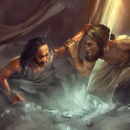 Image similar to Jesus beating up Satan on the floor, dynamic lighting, photorealistic concept art, trending on art station, stunning visuals, creative, cinematic, ultra detailed