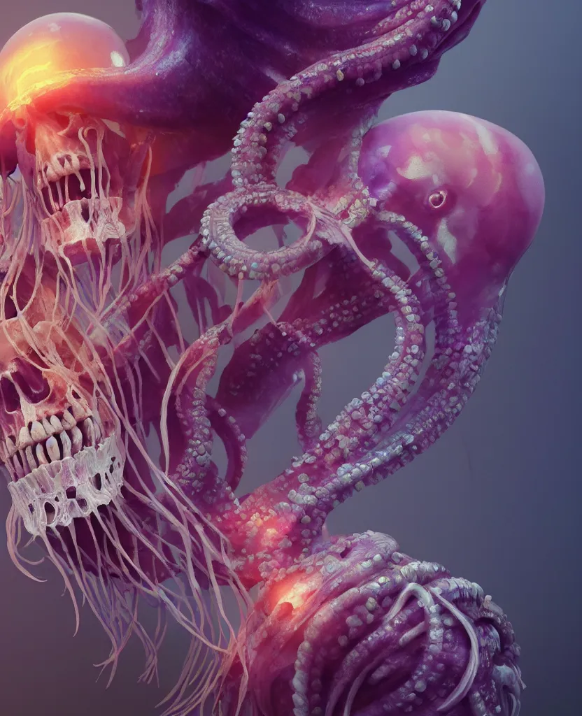 Image similar to goddess close - up portrait human skeleton, ram skull, squid phoenix jellyfish, orchid, betta fish, bioluminiscent, intricate artwork by tooth wu and wlop and beeple. octane render, trending on artstation, greg rutkowski very coherent symmetrical artwork. cinematic, hyper realism, high detail, octane render, 8 k